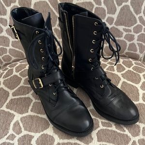 Black Leather lace up boots by Arturo Chiang. Gold buckle detail. Size 8m - 38E